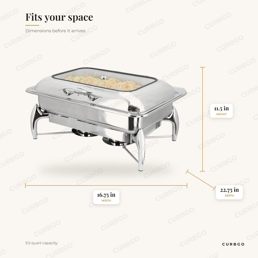 MegaChef Rectangle Chafer dimensions: 16.75 in wide, 11.5 in tall, 22.75 in deep, 9.5 quart capacity