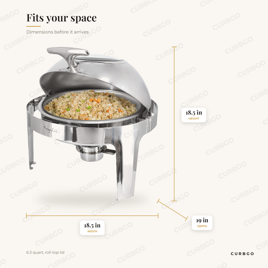 MegaChef Round Chafer, Roll-Top dimensions: 18.5 in wide, 18.5 in tall, 19 in deep, 6.3 quart, roll-top lid