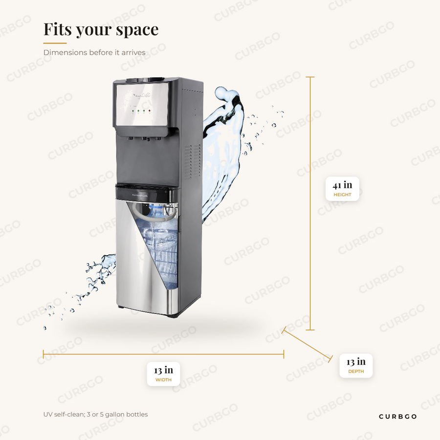 MegaChef UV Dispenser dimensions: 13 in wide, 41 in tall, 13 in deep, UV self-clean; 3 or 5 gallon bottles