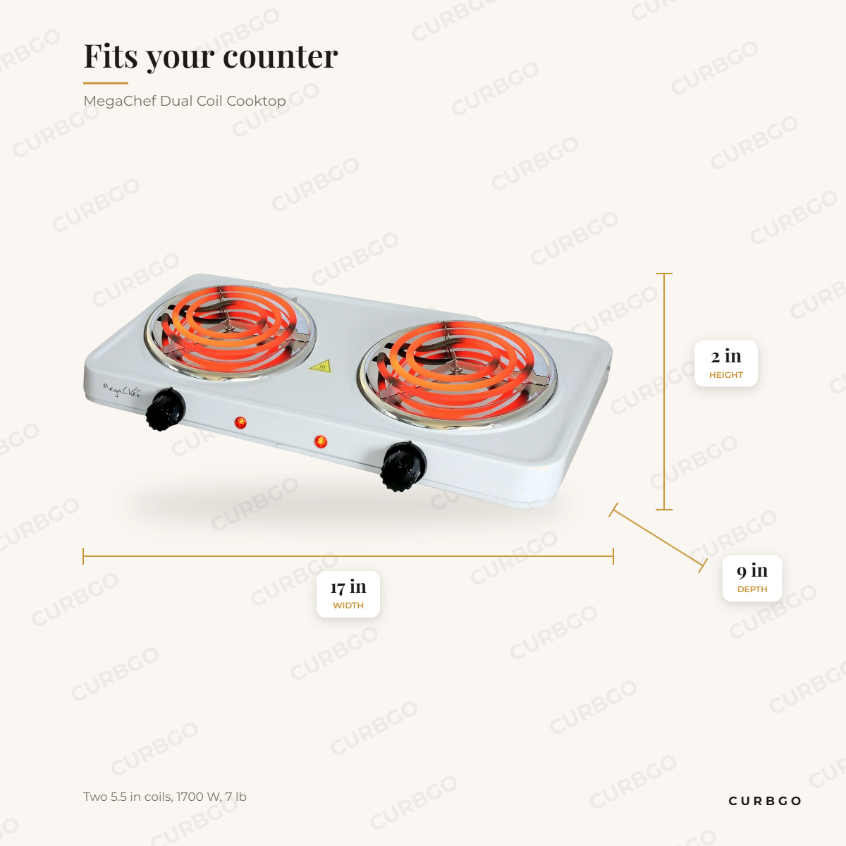 MegaChef Dual Coil Cooktop dimensions: 9 in wide, 2 in tall, 17 in deep