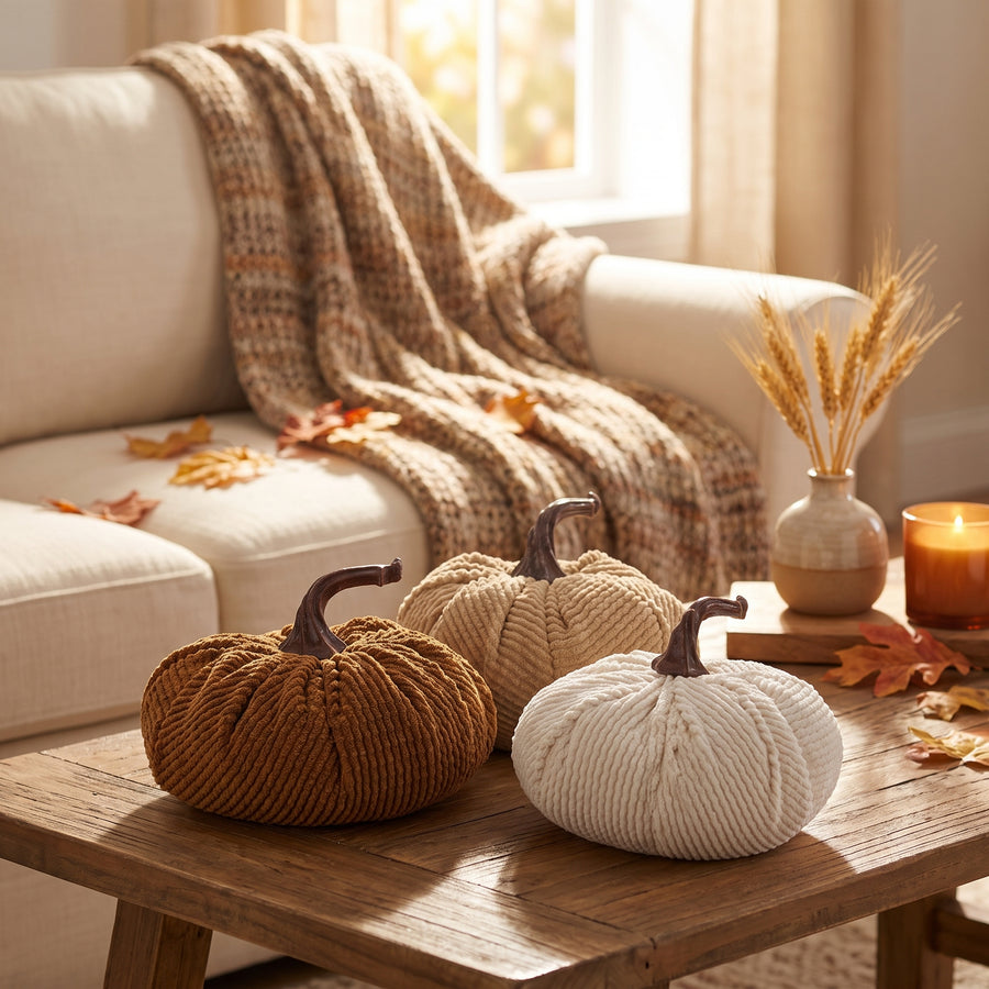 Set of three corduroy pumpkins gathered on a mantel in a cozy autumn living room