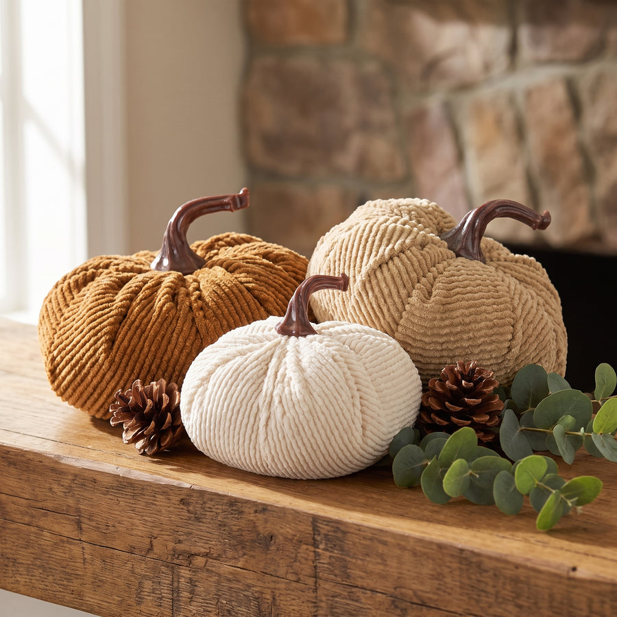 Three white and brown corduroy pumpkins clustered on a fall mantel with pinecones