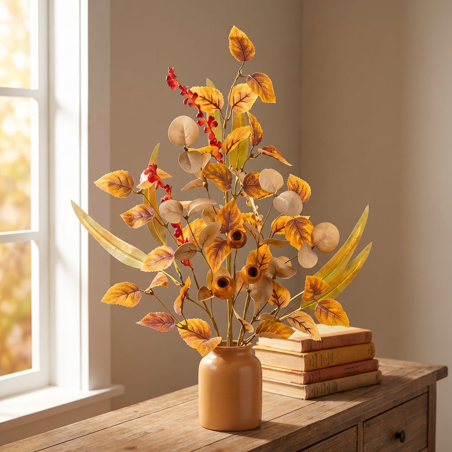 Two tall orange and green foliage sprays arranged in a ceramic vase on a console