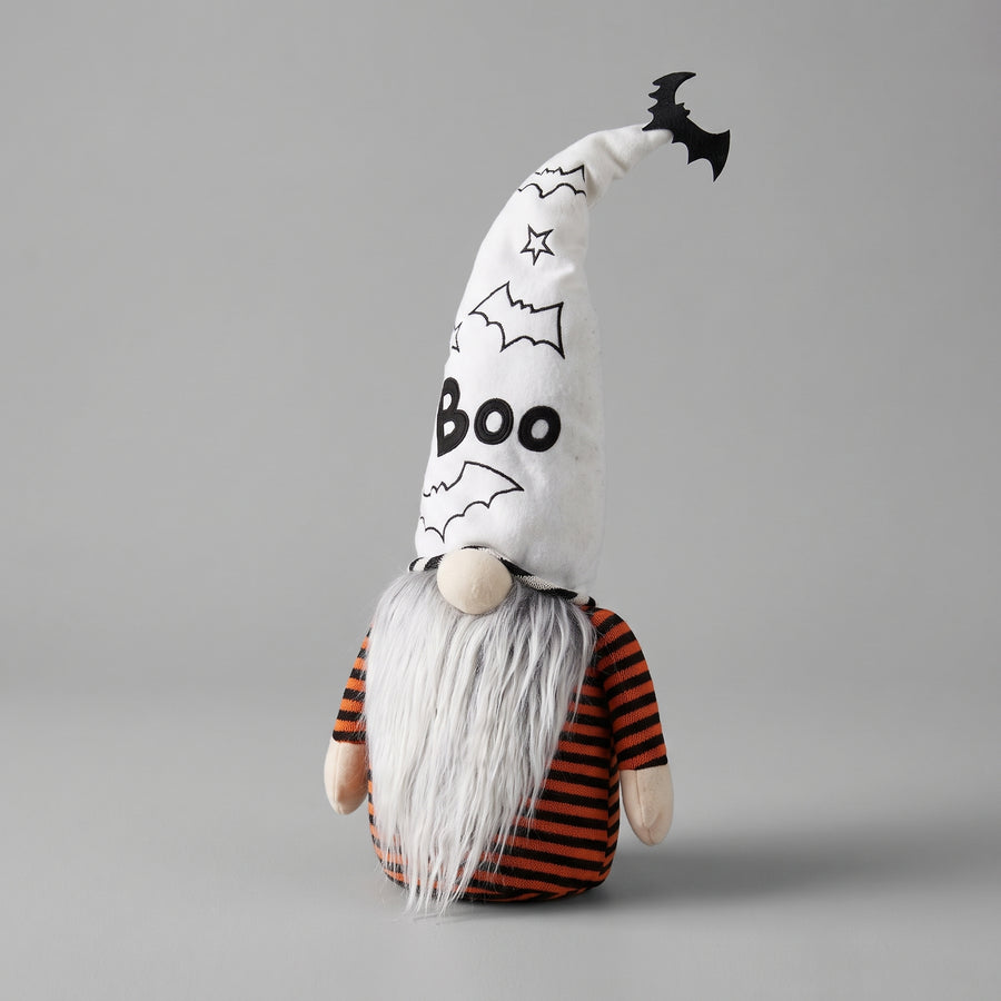 Tall grey and black plush ghost gnome with a pointed hat, bat accent and stitched boo detail, raised studio angle on a plain surface