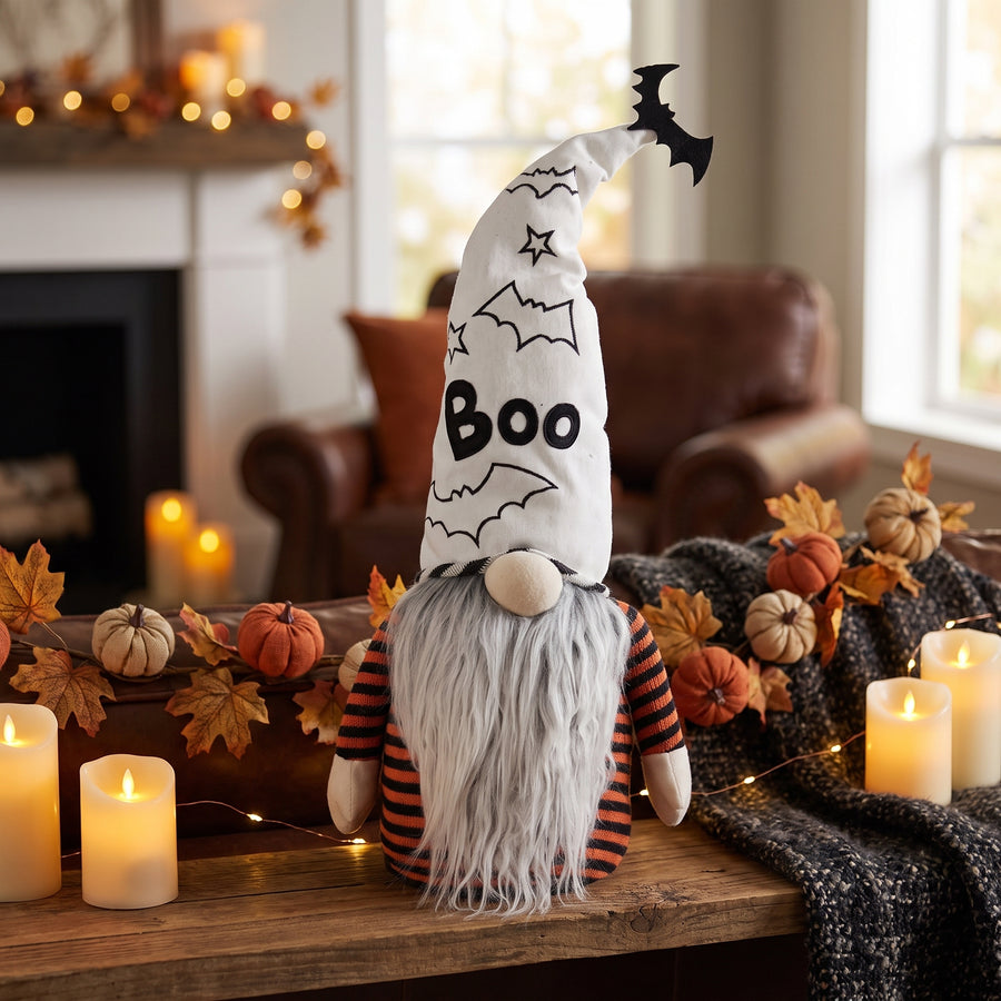 Tall plush ghost gnome propped on a shelf in a cozy dimly lit October living room with a pumpkin garland
