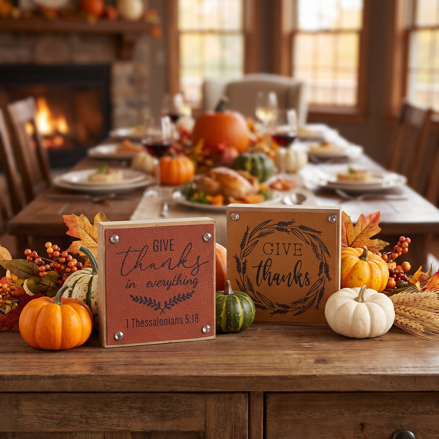 Several small harvest sentiment signs clustered on a Thanksgiving buffet in a warm dining room
