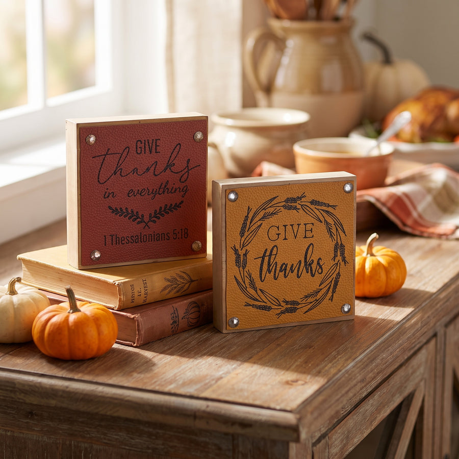 Small give thanks harvest signs propped on a Thanksgiving buffet with tiny gourds