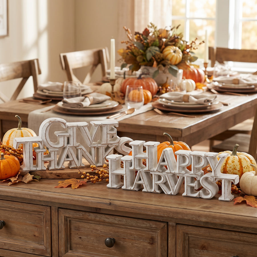 Pair of white-washed harvest sentiment signs on a Thanksgiving buffet in a warm dining room