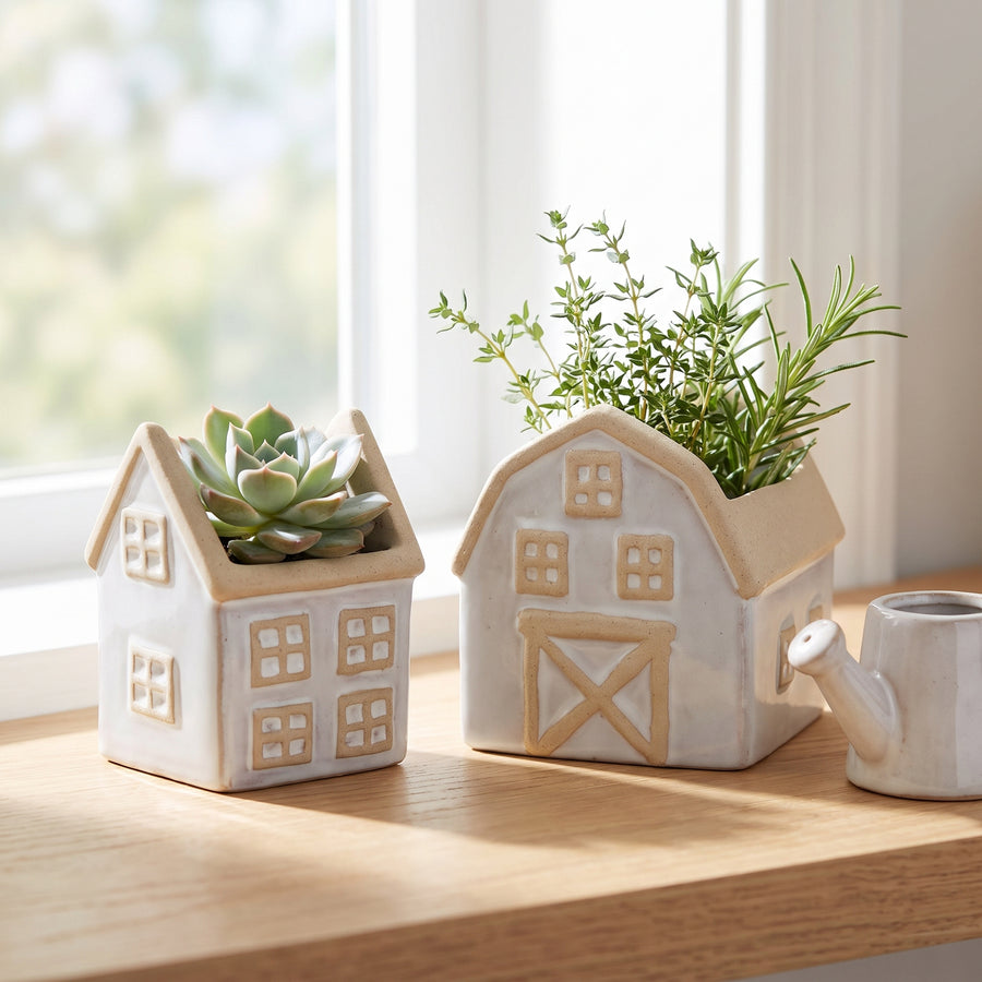 Porcelain house and barn planters holding small succulents on a bright windowsill