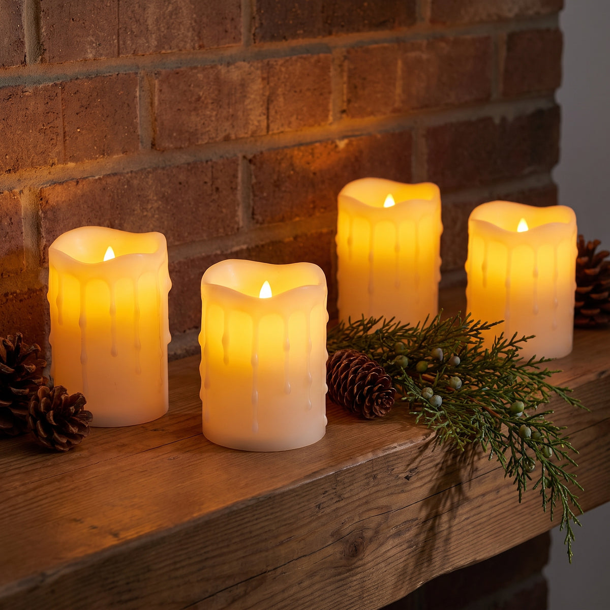 Four glowing white pillar candles on a fireplace mantel at dusk beside a few pinecones