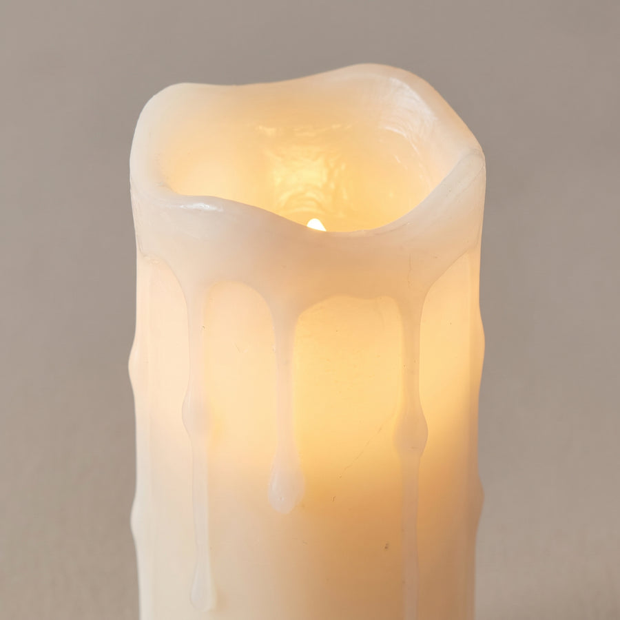 Macro of a slim white LED pillar candle showing fine wax drips and a warm glow from inside the column