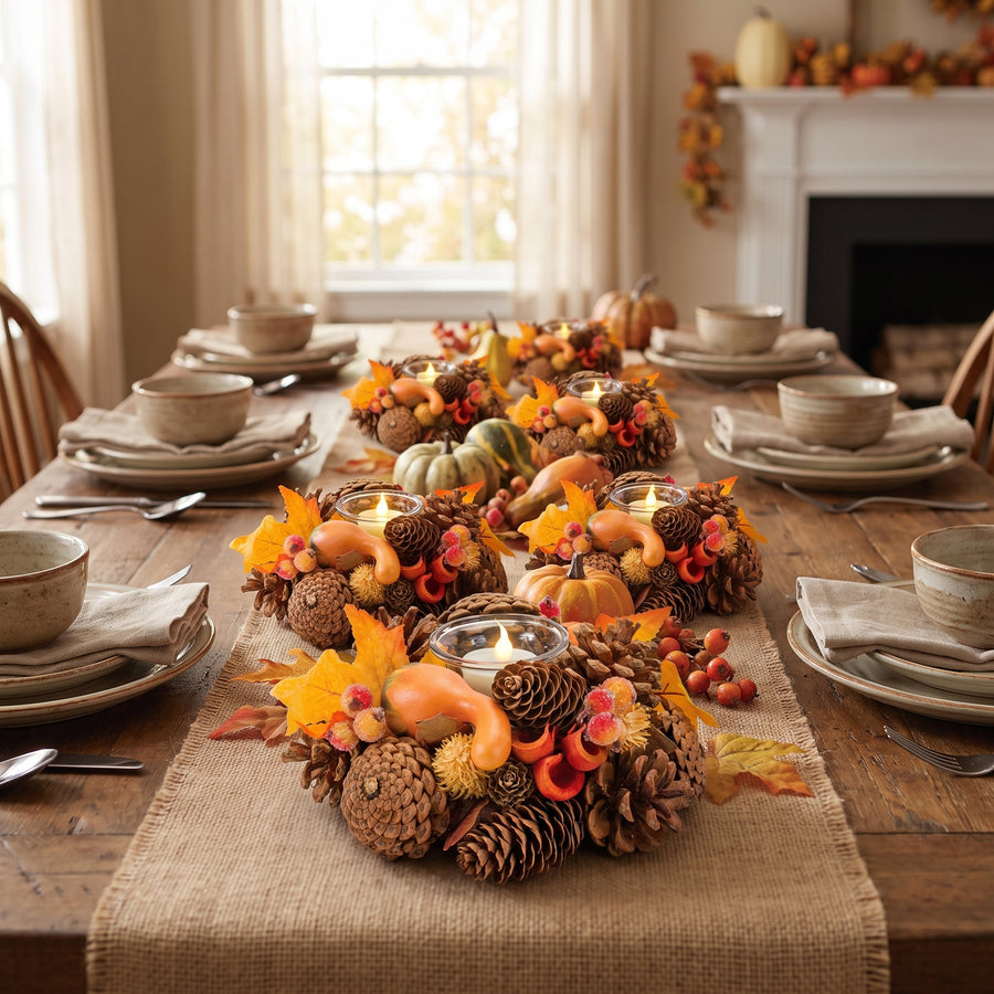 Rustic pinecone and berry votive holders glowing down a Thanksgiving table in a warm dining room
