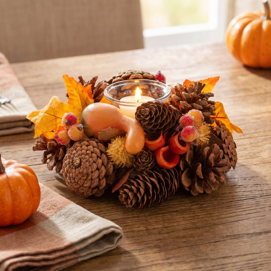 Pinecone and berry votive holder with a glowing candle on a Thanksgiving table with a gourd