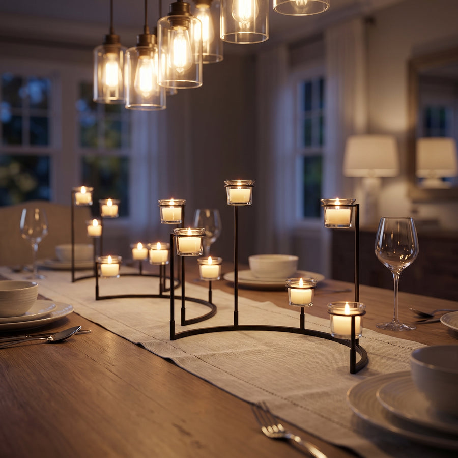 Set of graduated black metal votive stands glowing down the center of a set dining table in the evening