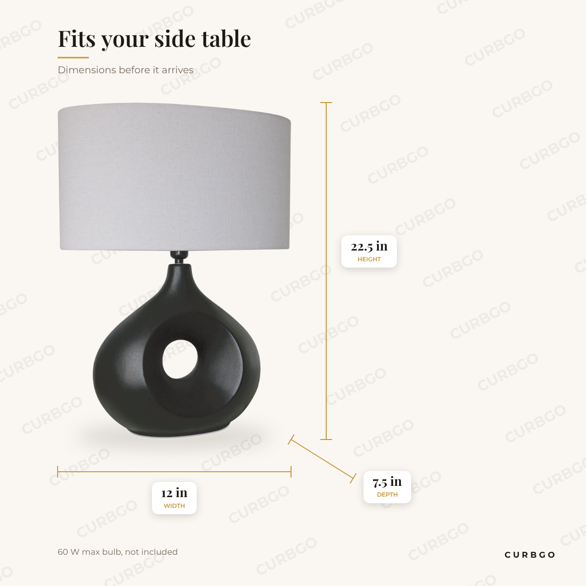 Black and grey ceramic table lamp dimensions: 12 in W x 7.5 in D x 22.5 in H