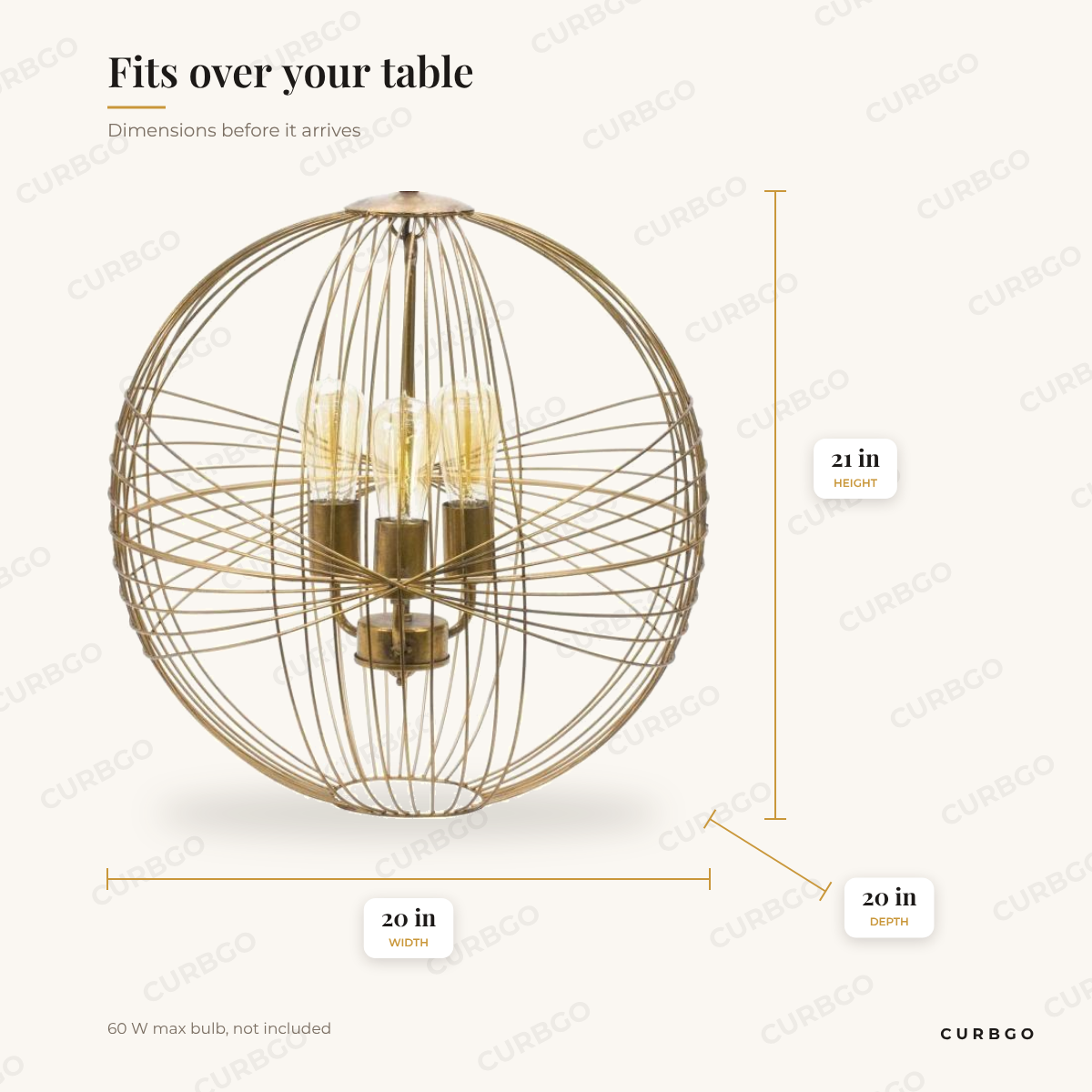 Gold iron sphere pendant light dimensions: 20 in W x 20 in D x 21 in H