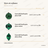 Emerald Harlequin Ornaments sizes at a glance