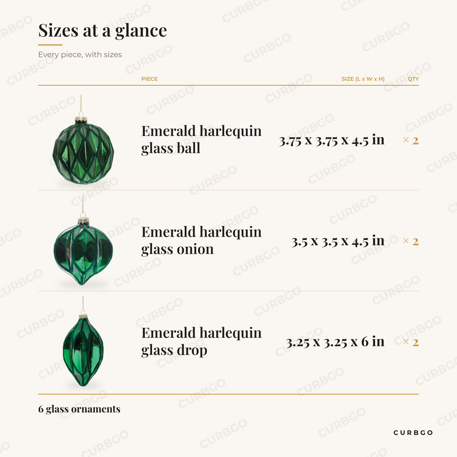 Emerald Harlequin Ornaments sizes at a glance