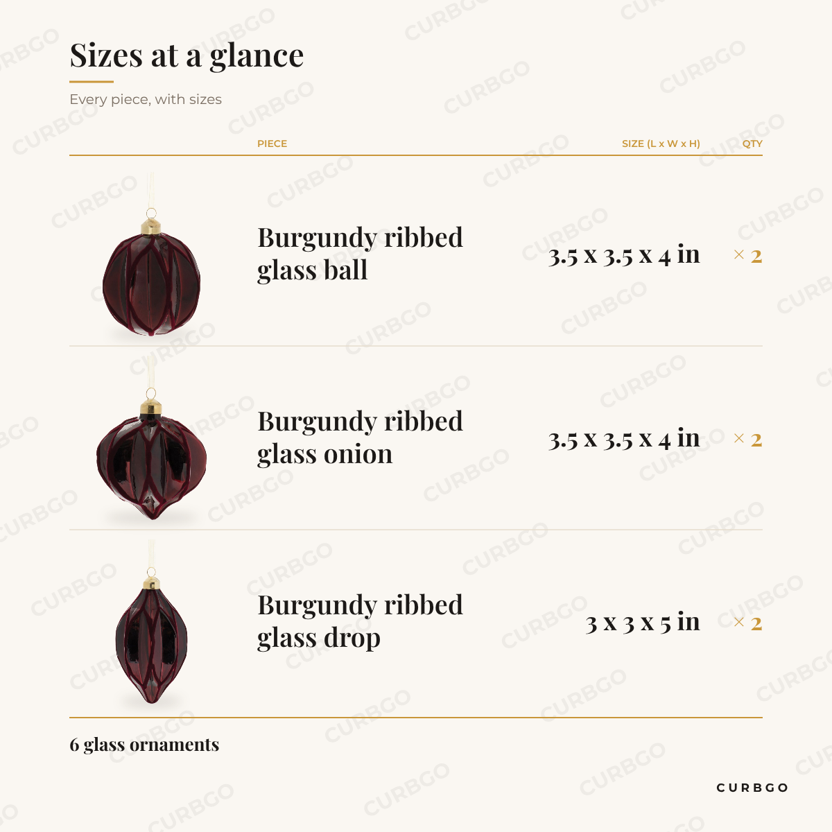 Burgundy Velvet Ornaments sizes at a glance