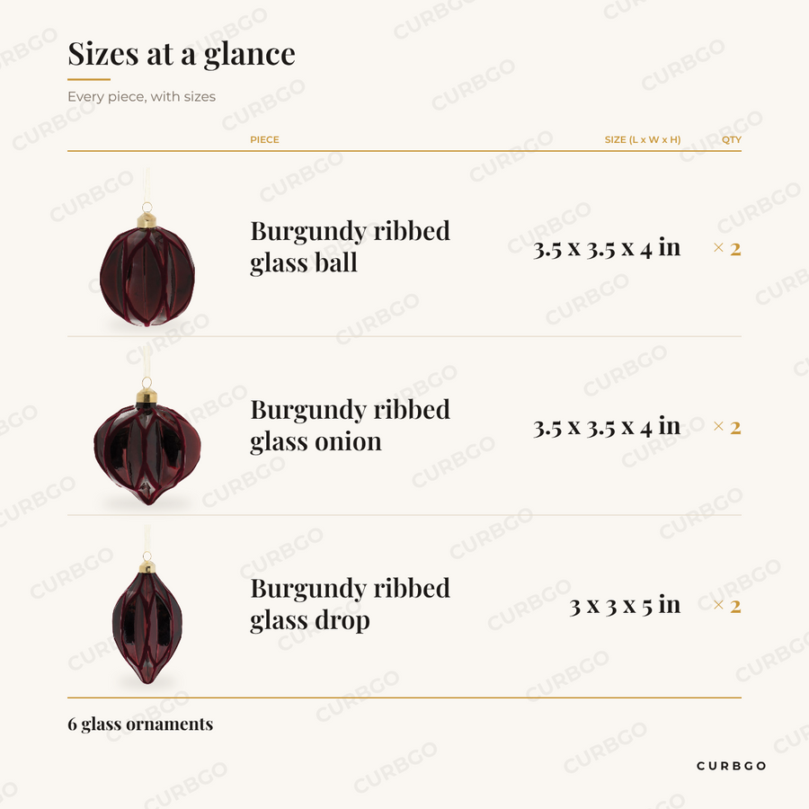Burgundy Velvet Ornaments sizes at a glance