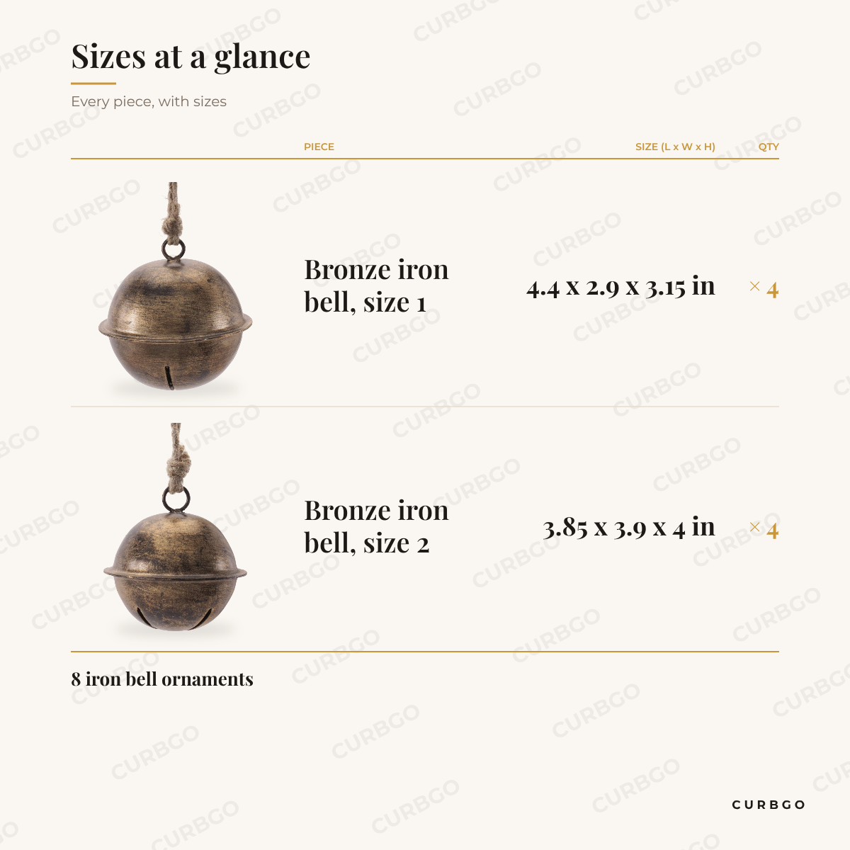 Bronze Jute Bells sizes at a glance