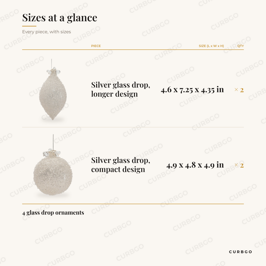 Silver Drop Ornaments sizes at a glance