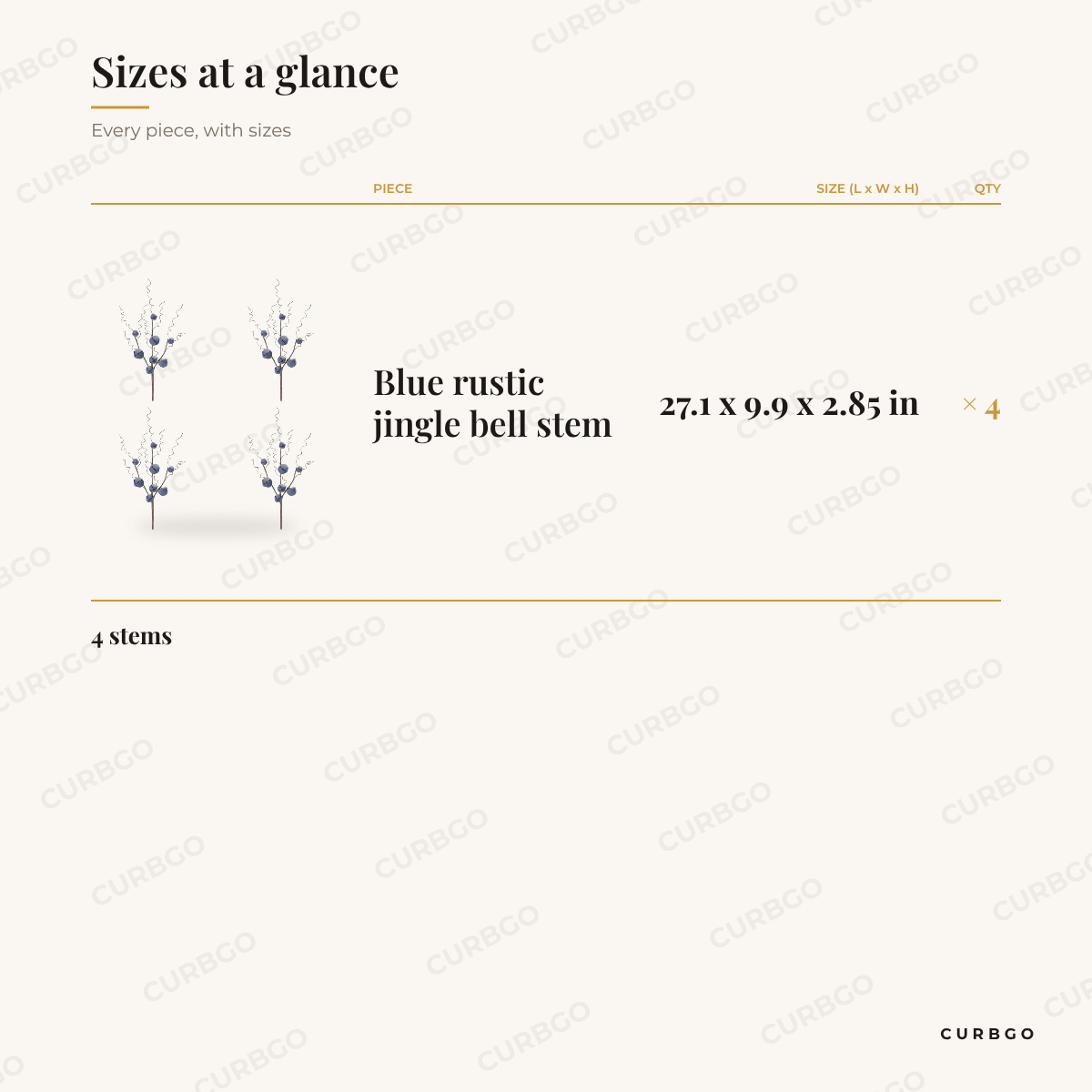 Blue Jingle Bell Stems dimensions, 27.1 x 9.9 x 2.85 in, set of 4 size chart
