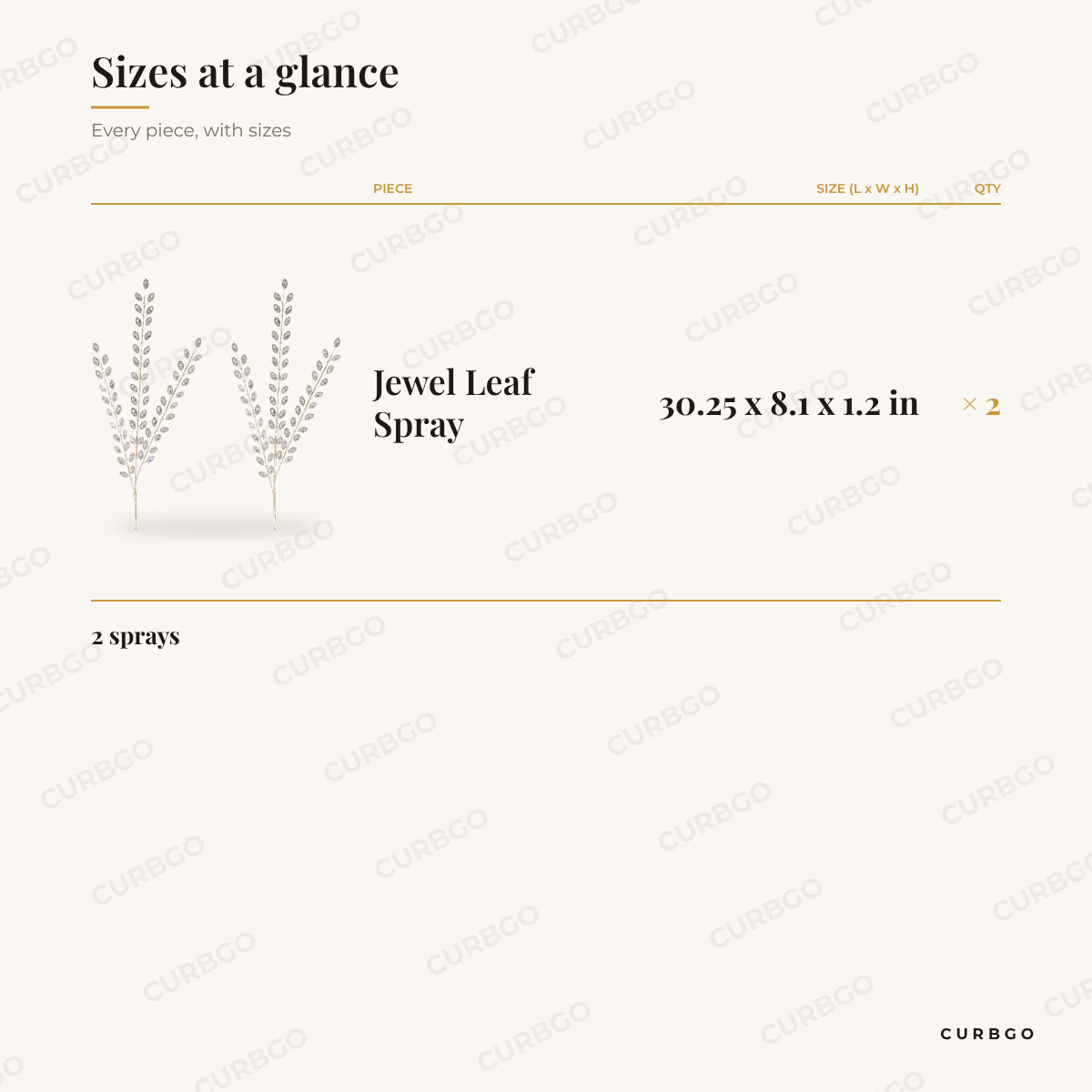 Clear Jewel Leaf Spray dimensions, 30.25 x 8.1 x 1.2 in, set of 2 size chart