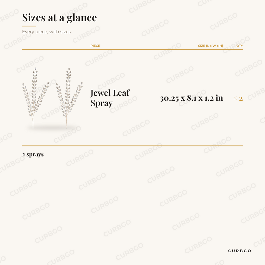 Clear Jewel Leaf Spray dimensions, 30.25 x 8.1 x 1.2 in, set of 2 size chart
