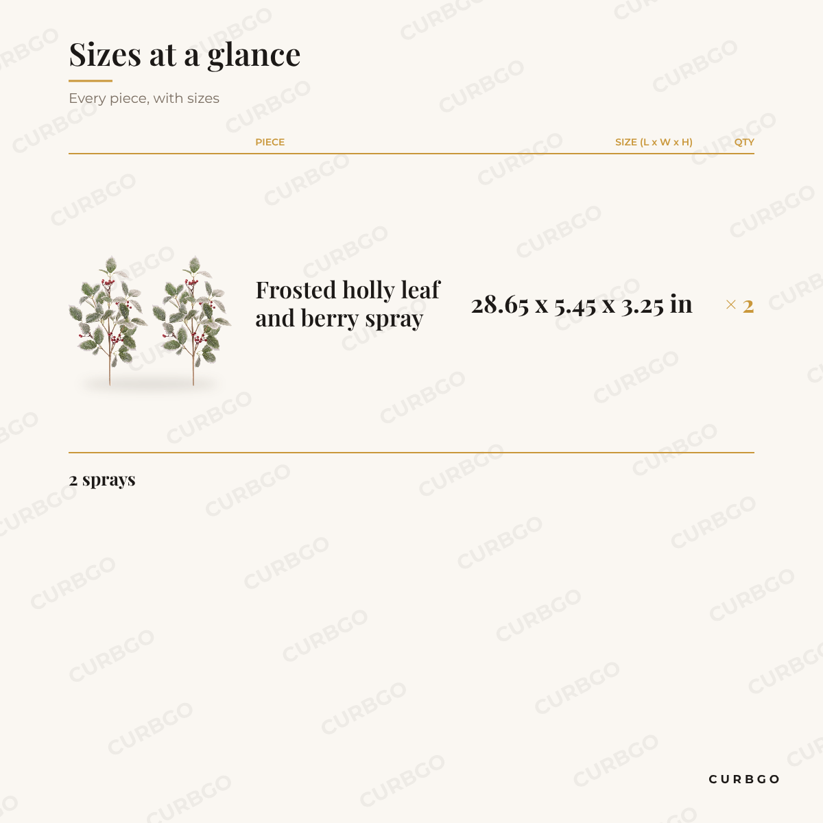 Frosted Holly Leaf and Berry Sprays dimensions, 28.65 x 5.45 x 3.25 in, set of 2 size chart