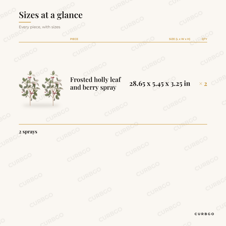 Frosted Holly Leaf and Berry Sprays dimensions, 28.65 x 5.45 x 3.25 in, set of 2 size chart