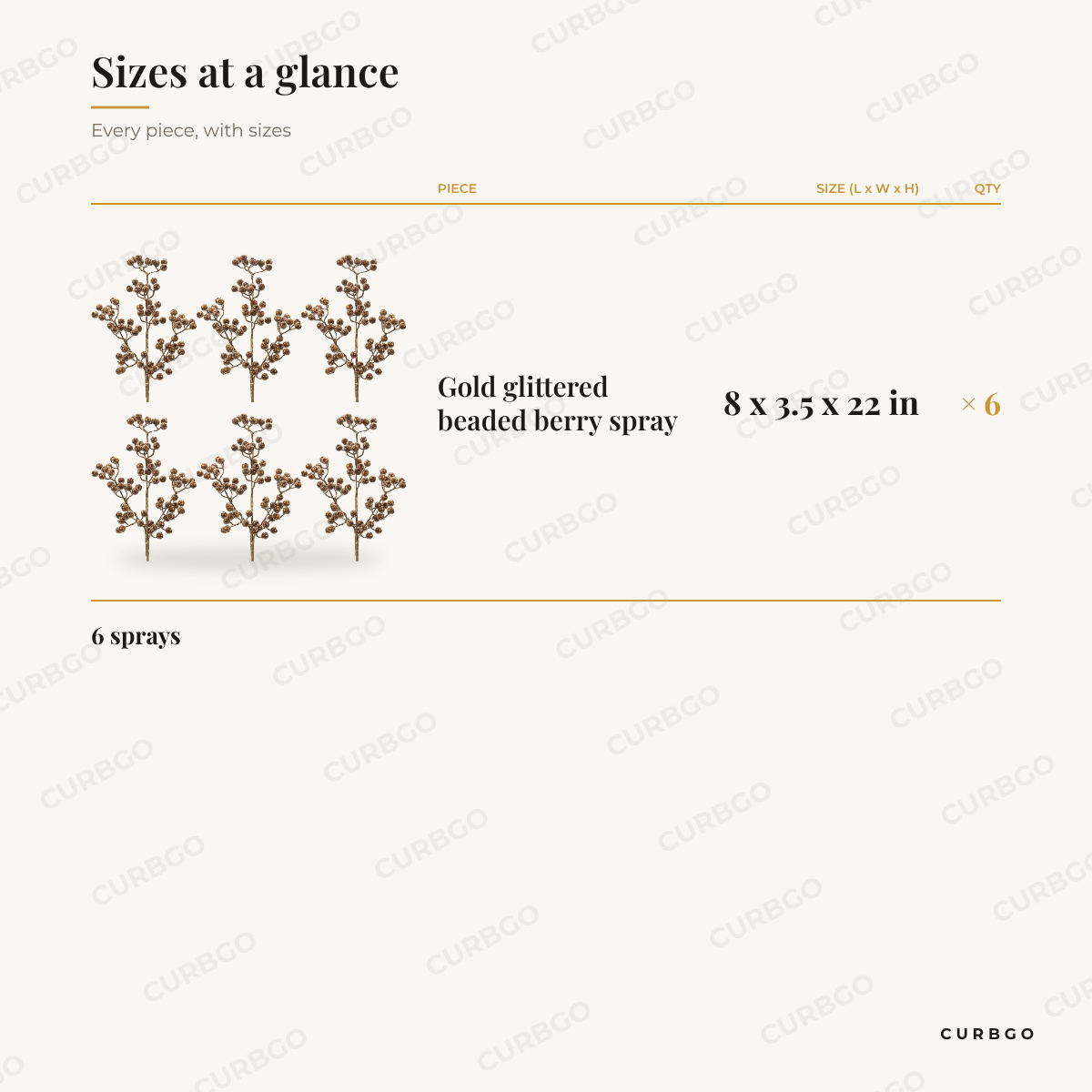Gold Glittered Berry Sprays dimensions, 8 x 3.5 x 22 in, set of 6 size chart