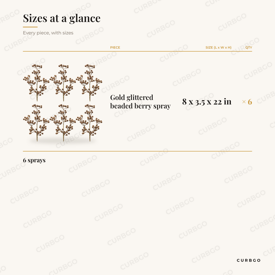 Gold Glittered Berry Sprays dimensions, 8 x 3.5 x 22 in, set of 6 size chart