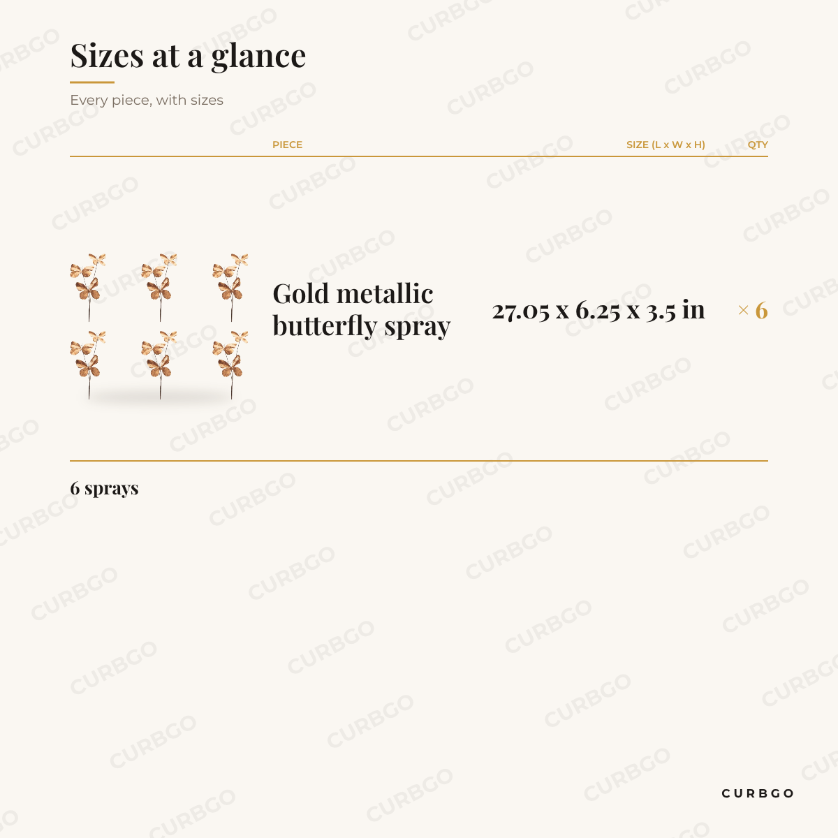 Gold Metallic Butterfly Sprays dimensions, 27.05 x 6.25 x 3.5 in, set of 6 size chart