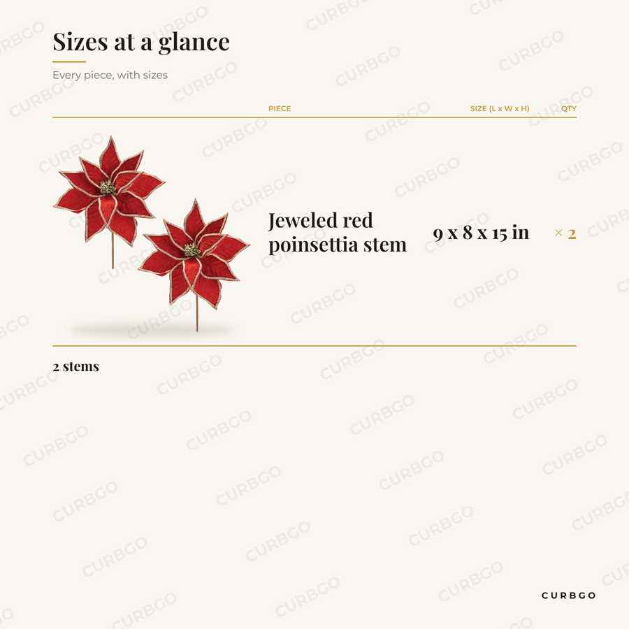 Jeweled Red Poinsettia Stems dimensions, 9 x 8 x 15 in, set of 2 size chart