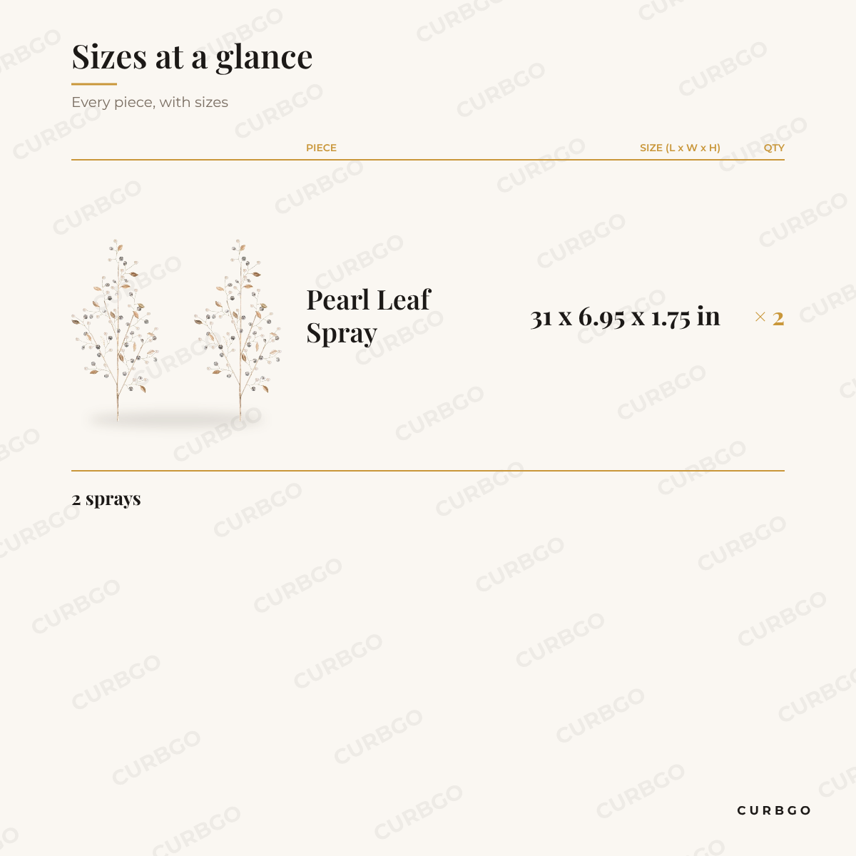 Pearl and Gold Leaf Spray dimensions, 31 x 6.95 x 1.75 in, set of 2 size chart