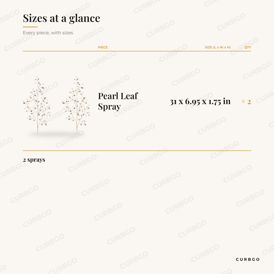 Pearl and Gold Leaf Spray dimensions, 31 x 6.95 x 1.75 in, set of 2 size chart