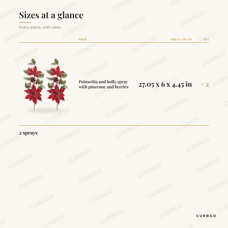 Poinsettia and Holly Sprays dimensions, 27.05 x 6 x 4.45 in, set of 2 size chart