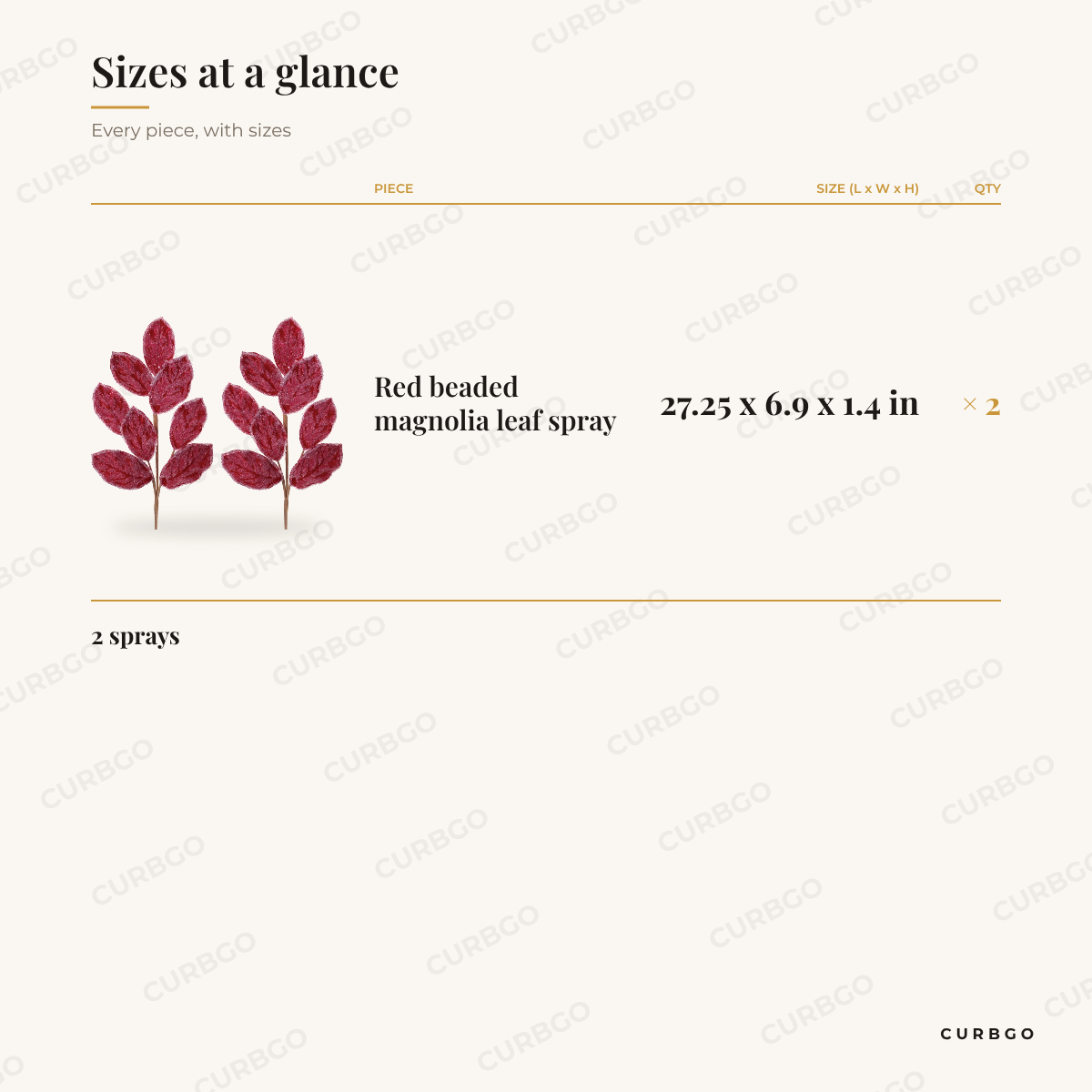 Red Beaded Magnolia Leaf Sprays dimensions, 27.25 x 6.9 x 1.4 in, set of 2 size chart