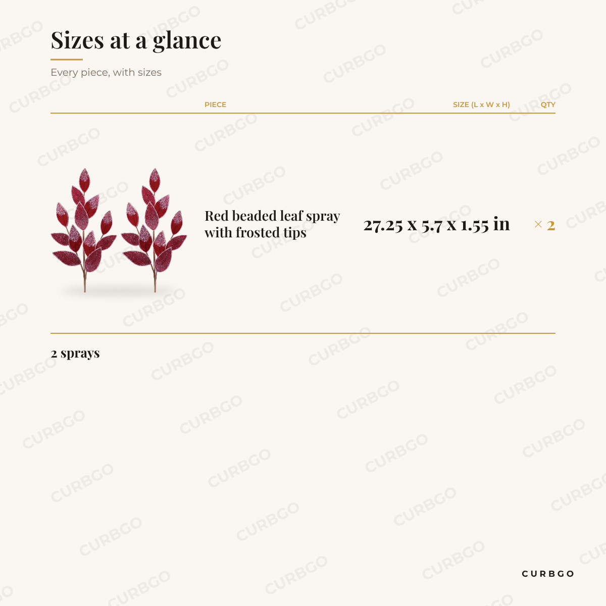 Red Beaded Leaf Sprays dimensions, 27.25 x 5.7 x 1.55 in, set of 2 size chart