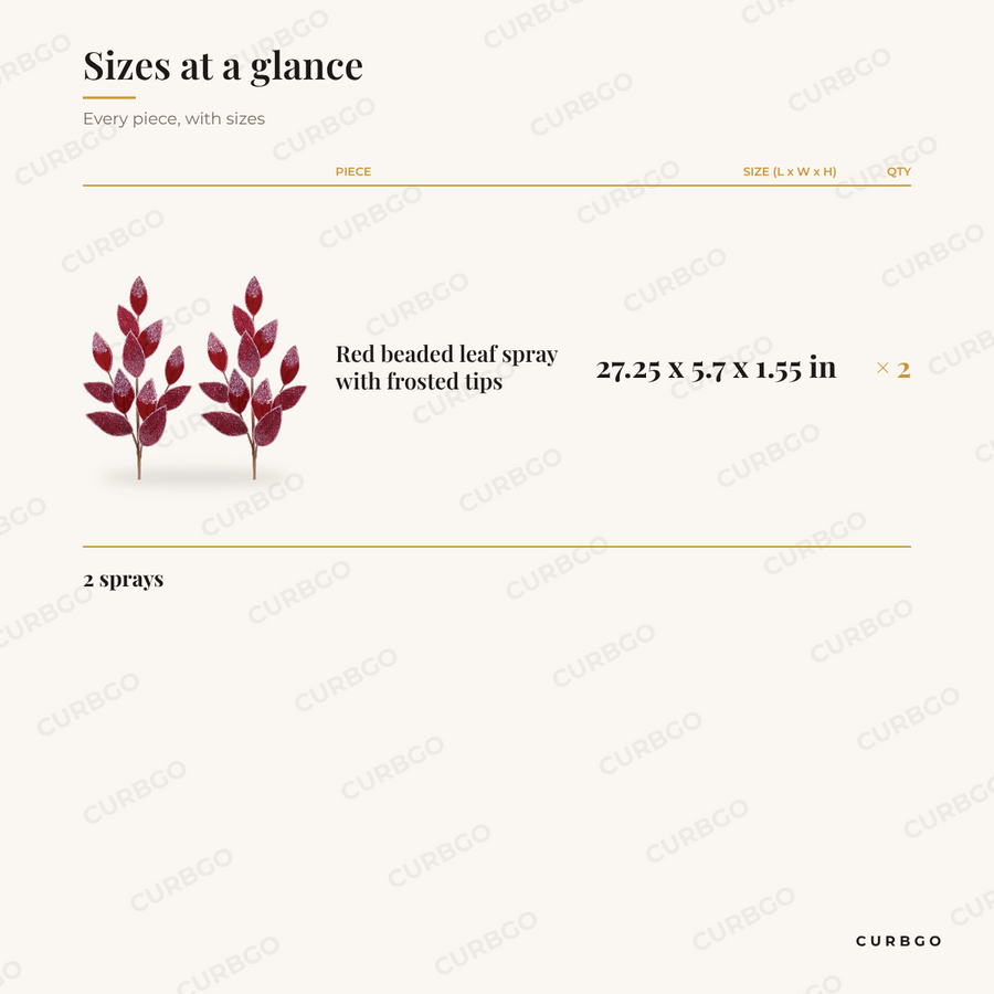 Red Beaded Leaf Sprays dimensions, 27.25 x 5.7 x 1.55 in, set of 2 size chart