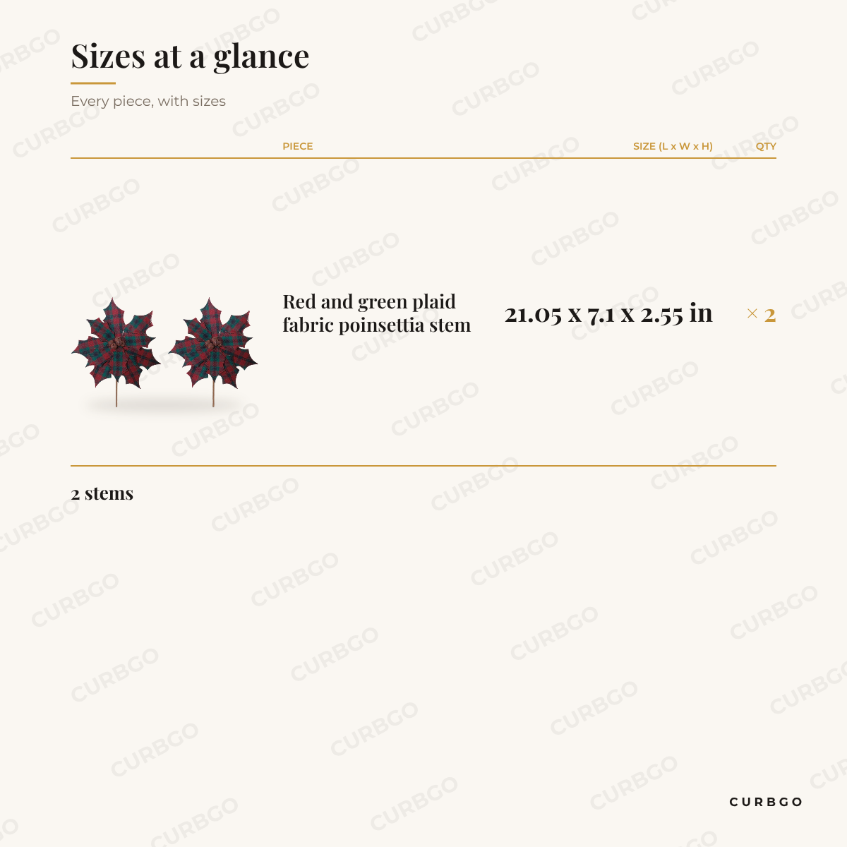 Plaid Poinsettia Stems dimensions, 21.05 x 7.1 x 2.55 in, set of 2 size chart