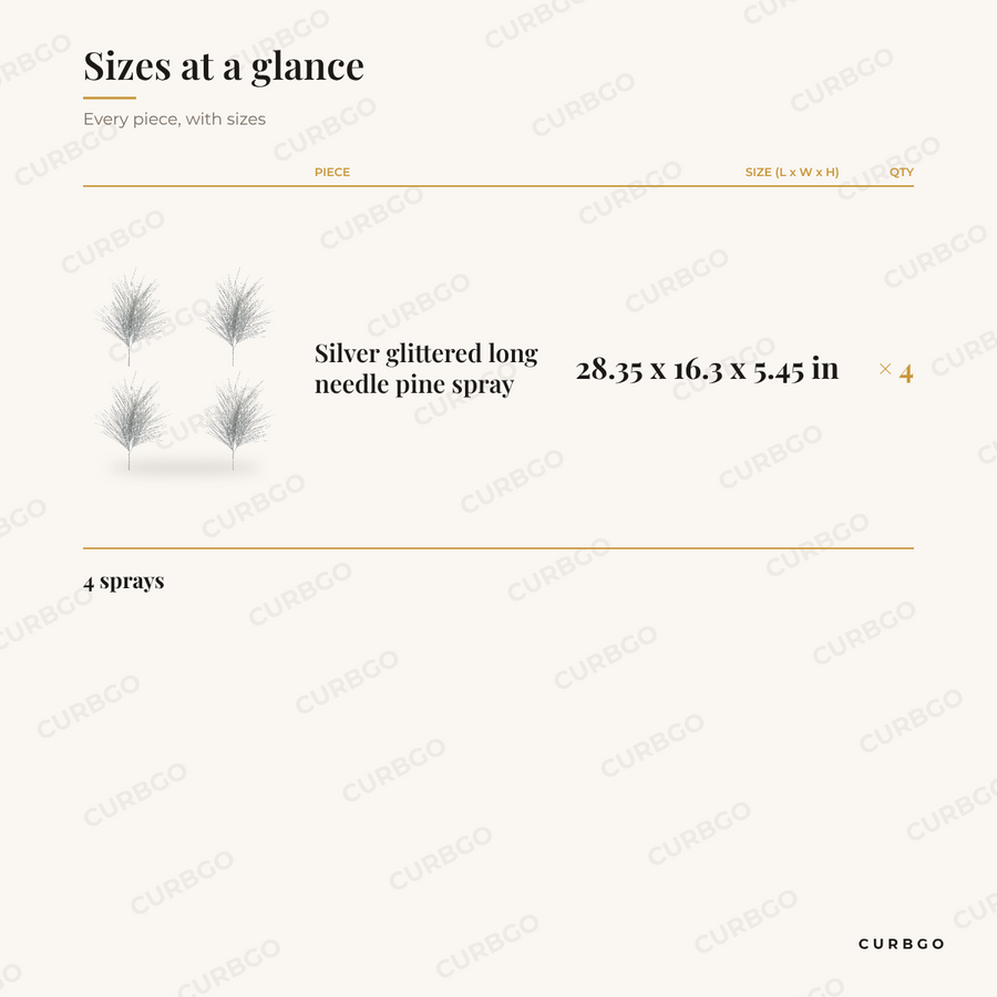 Silver Glittered Pine Sprays dimensions, 28.35 x 16.3 x 5.45 in, set of 4 size chart