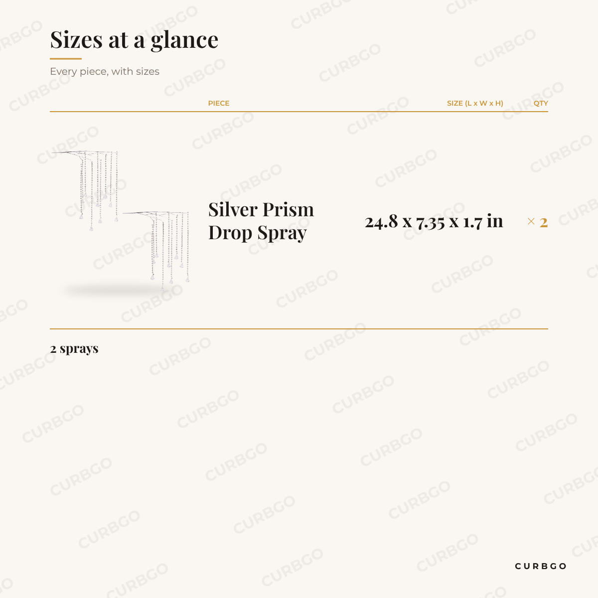 Silver Prism Drop Spray dimensions, 24.8 x 7.35 x 1.7 in, set of 2 size chart