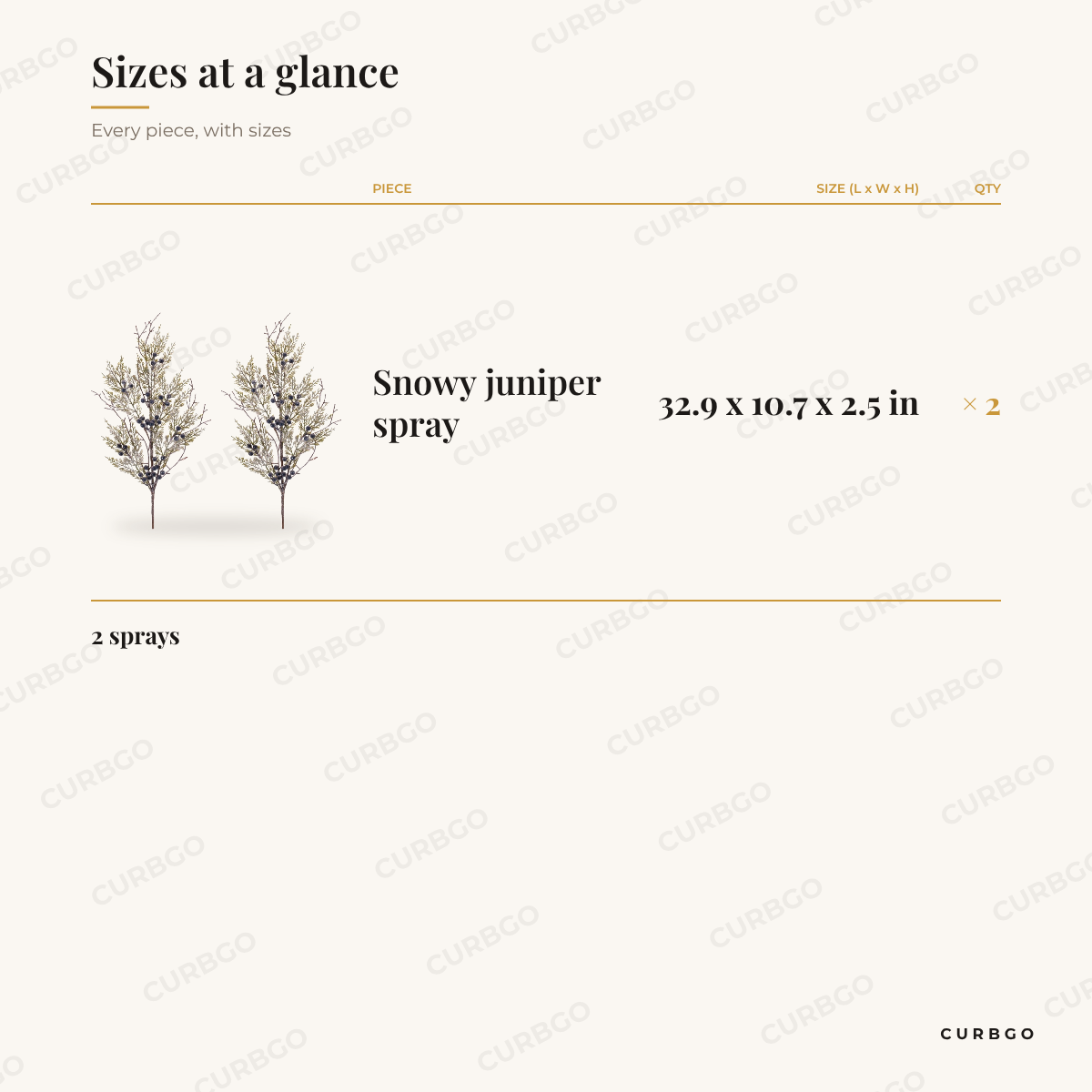 Snowy Juniper Sprays dimensions, 32.9 x 10.7 x 2.5 in, set of 2 size chart