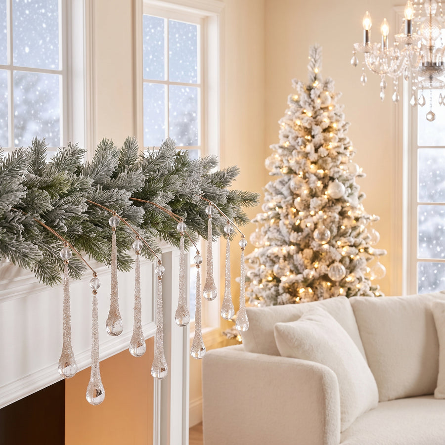Clear teardrop icicle Christmas sprays on a frosted mantel garland in a winter white living room