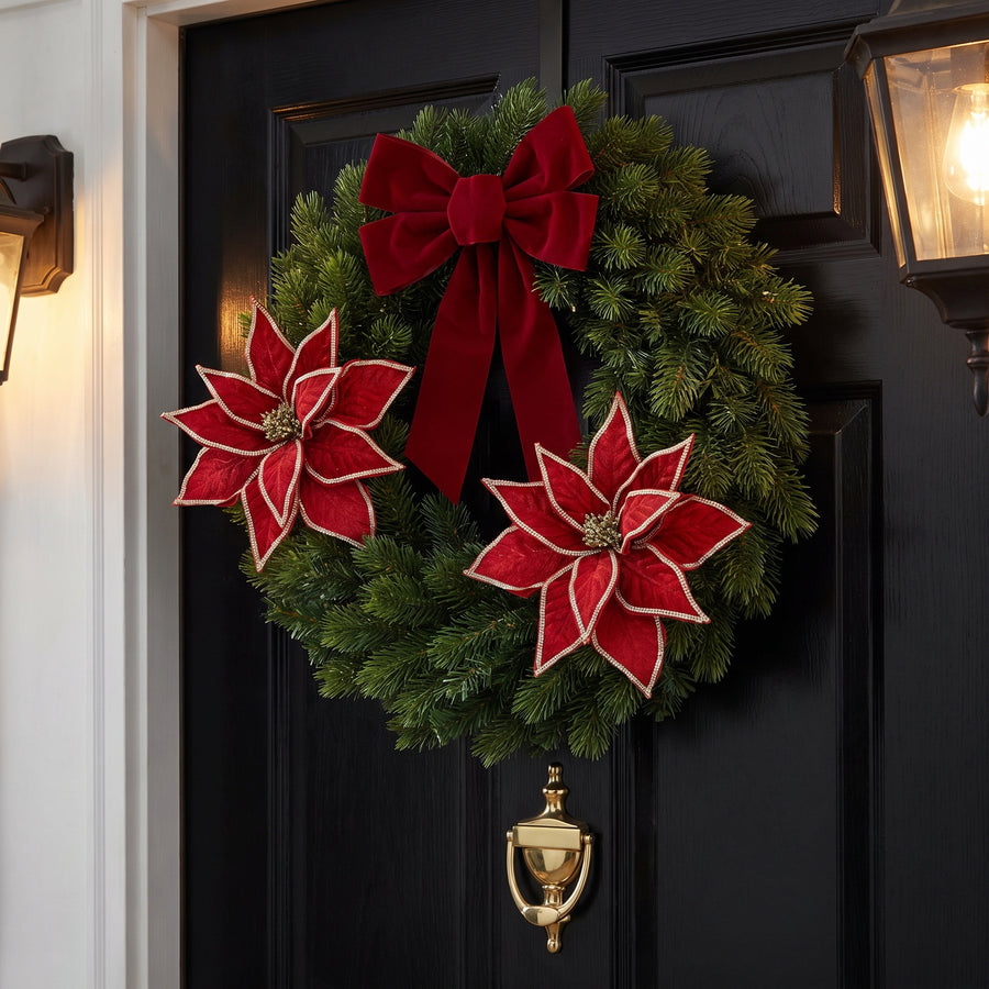 Jeweled red poinsettia stems with glitter edges in an evergreen wreath on a black front door