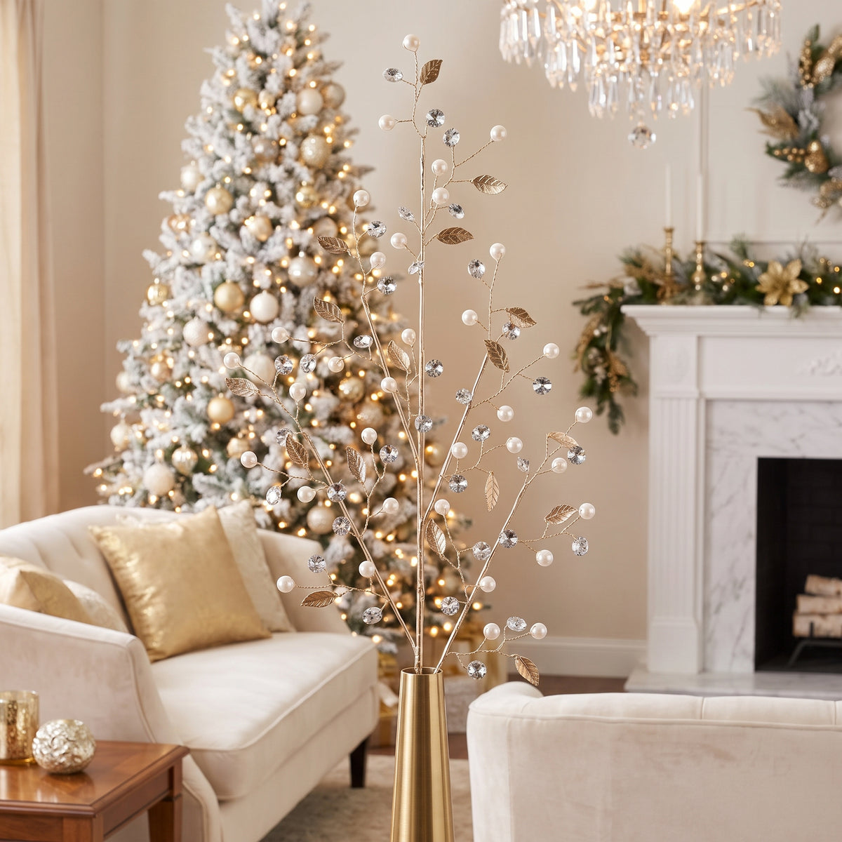 Pearl, gold and silver bead Christmas sprays in a gold vase in an ivory and gold sitting room