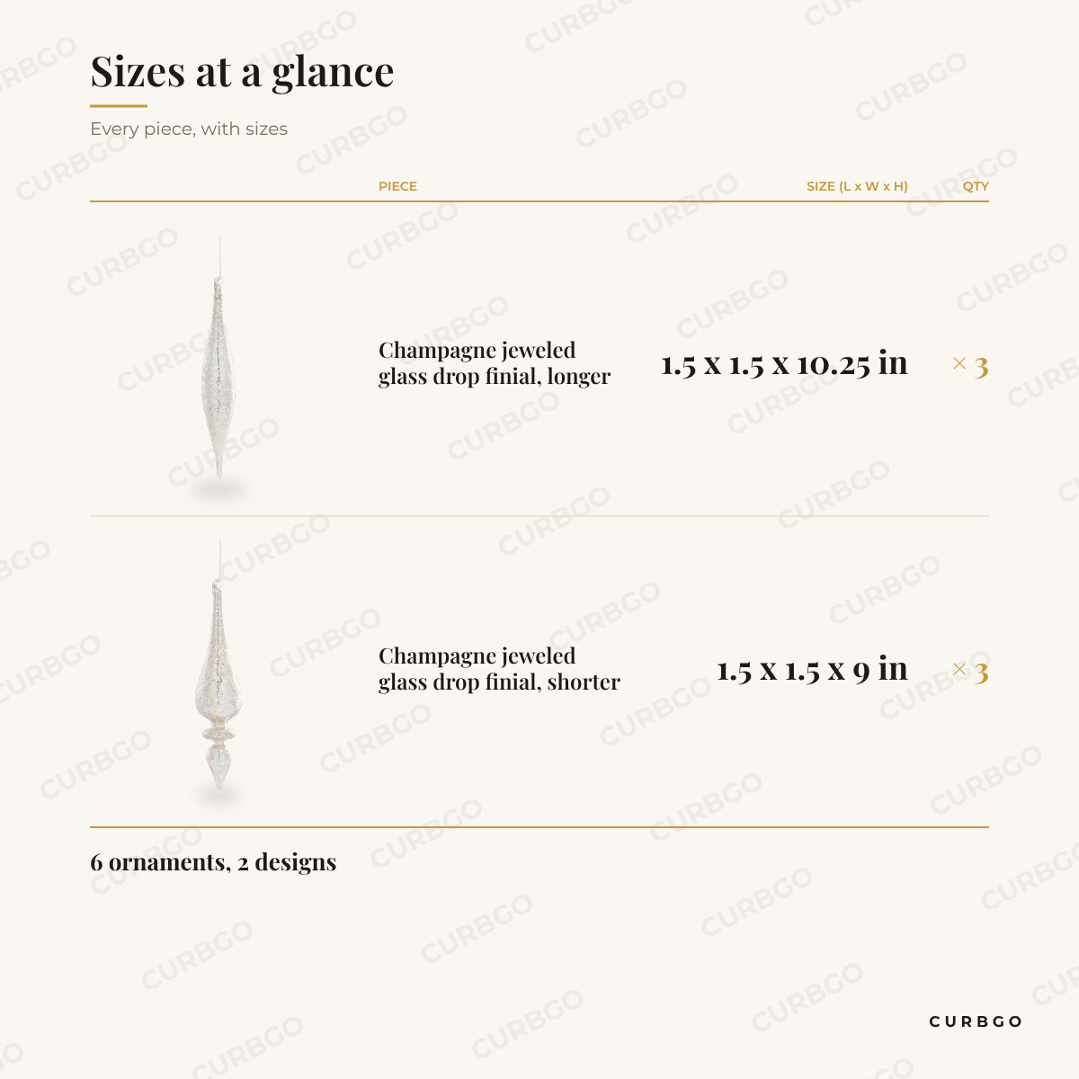 Champagne Jeweled Glass Drop Finial Christmas Ornaments sizes at a glance, every piece with measurements, Christmas ornament set dimension card