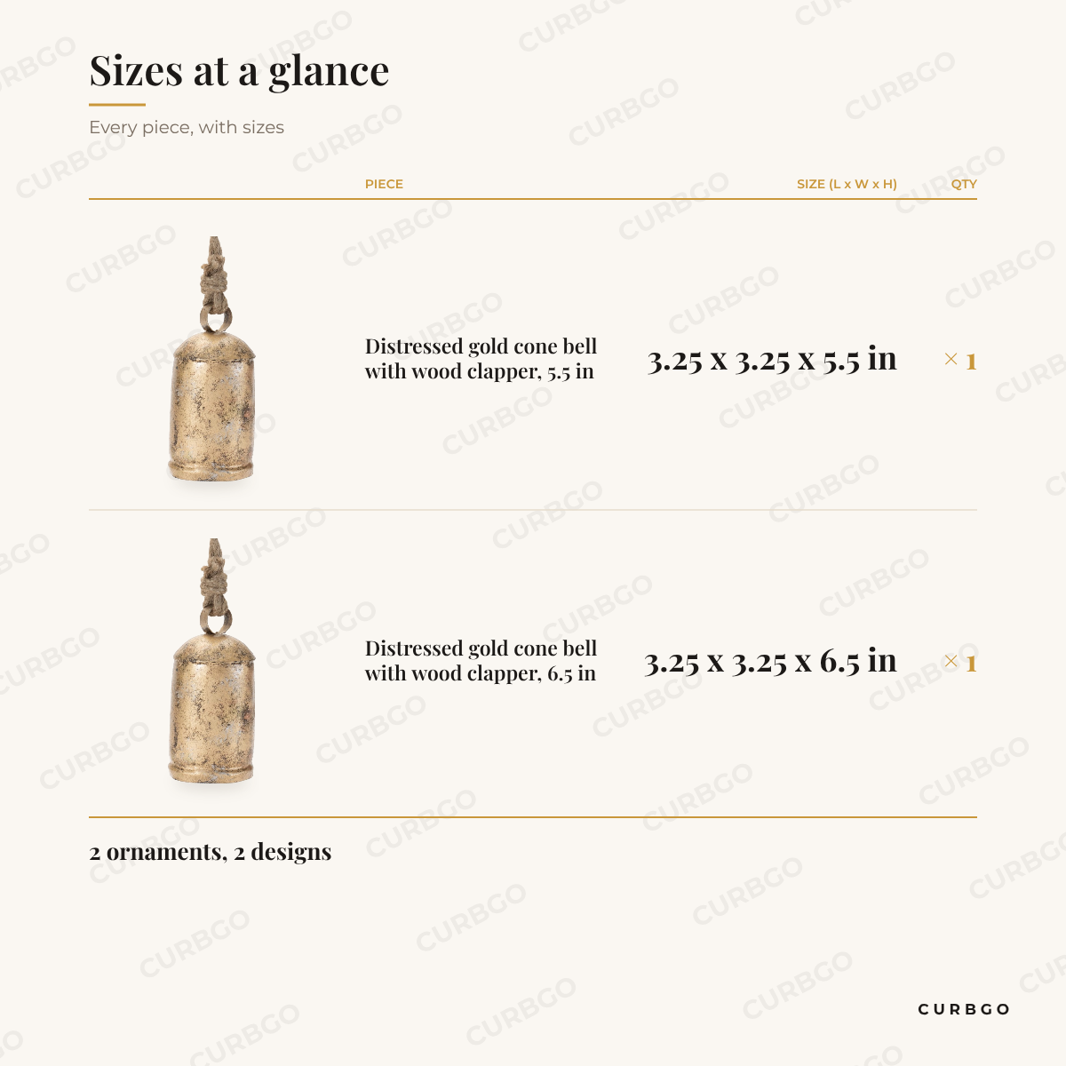 Distressed Gold Cone Bell Christmas Ornaments sizes at a glance, every piece with measurements, Christmas ornament set dimension card